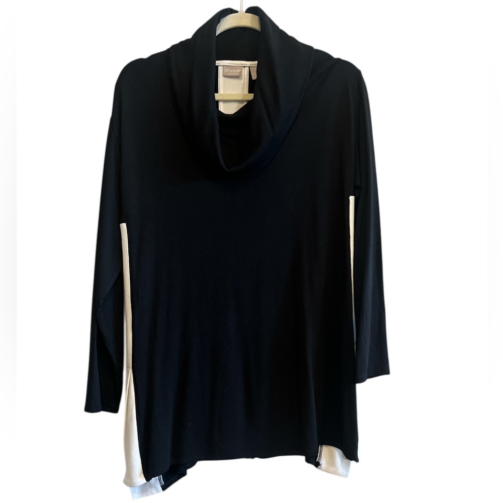 Chico's Zinergy Black and Cream Cowl Neck Tunic Sweater Size 8-10